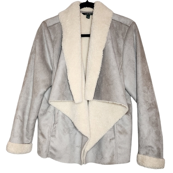 Lauren Ralph Lauren faux suede sherpa open front drape cozy jacket cardigan L - Picture 1 of 17